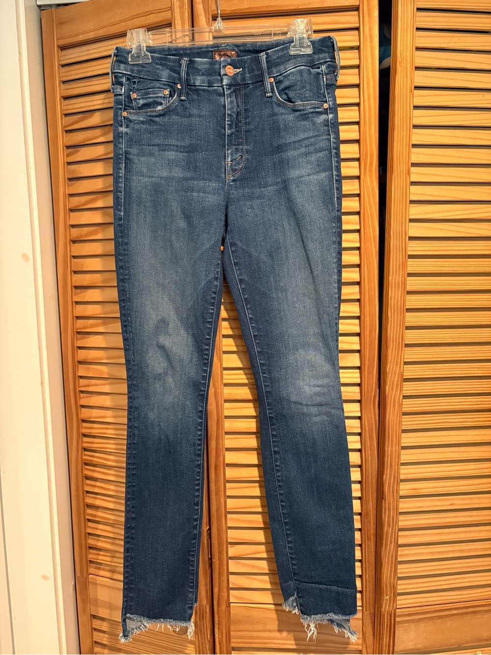 MOTHER Women's Dark Blue Straight-Leg Jeans Skinny Denim The Looker Frayed Hem